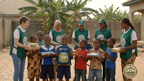 Volunteers and children in the yard with new school bags, books and clothes