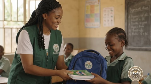 A volunteer handing a new school bag to a pupil in a classroom