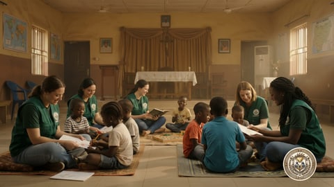 Volunteers sitting with children on mats, reading and writing