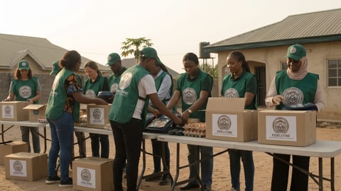 A team of volunteers packing boxes at long tables outside