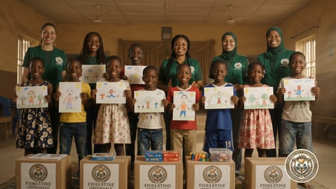 Children proudly holding up their drawings with volunteers