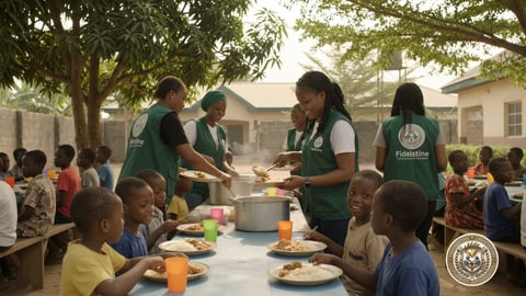 Volunteers serving lunch to children at long tables under the trees