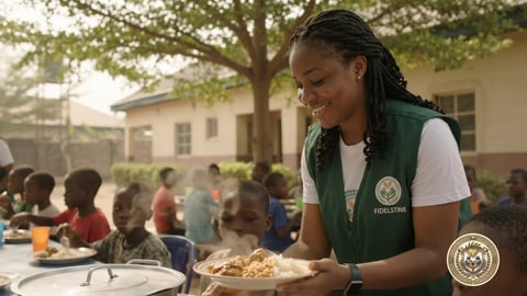 A volunteer serving a plate of rice and stew to a child