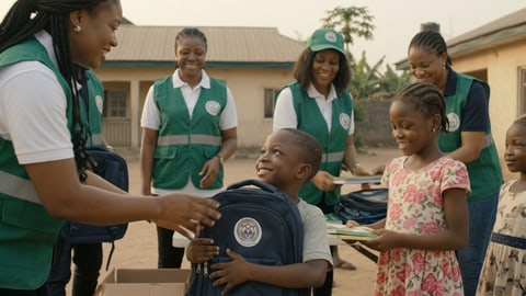 A volunteer handing a new backpack to a smiling boy