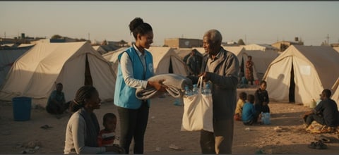 A Fidelstine volunteer handing supplies to a man at a tented settlement at dusk