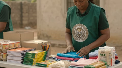A volunteer folding new clothes beside notebooks, pencils and rice