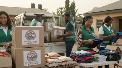 Volunteers in green vests loading boxes of food, school bags and books from a truck