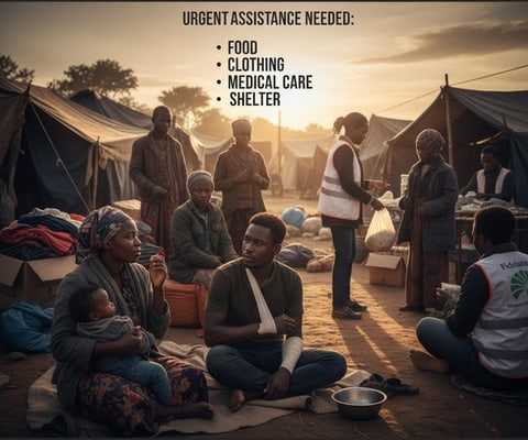 Families at a camp receiving food, clothing and medical care from volunteers at sunset