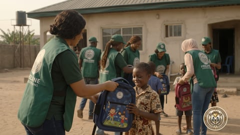 A volunteer handing a new school bag to a smiling girl