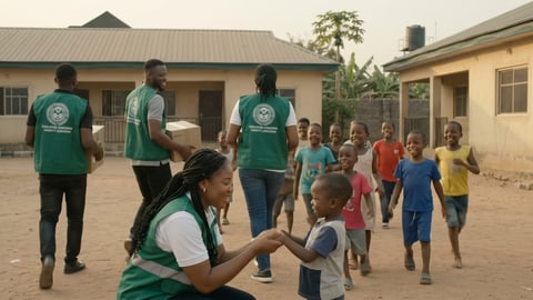 A volunteer kneeling to greet a little boy as children run over