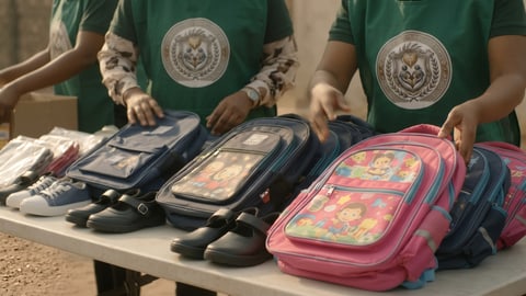 Rows of new school bags and shoes laid out on a table