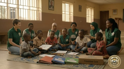 Volunteers and children sitting in a circle on a mat with sketchbooks and school folders