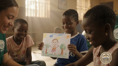 A child proudly holding up a colourful drawing