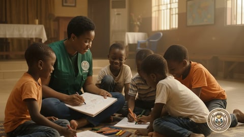 A volunteer drawing with a group of children on the floor