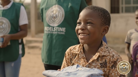 A smiling boy receiving a folded set of new clothes from a volunteer