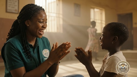 A volunteer and a child laughing and clapping together