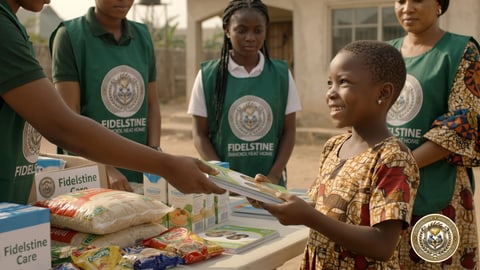 A volunteer handing books to a smiling girl beside food supplies