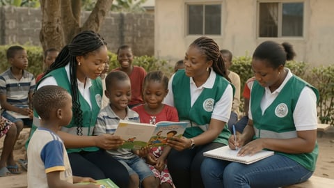 Volunteers reading a picture book with children outside the home