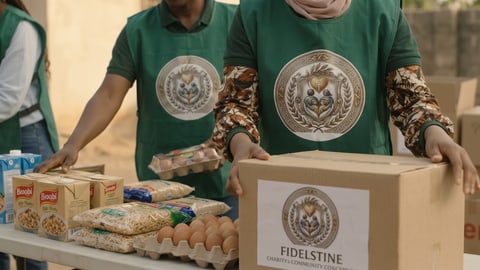 Volunteers packing boxes with pasta, eggs and food supplies