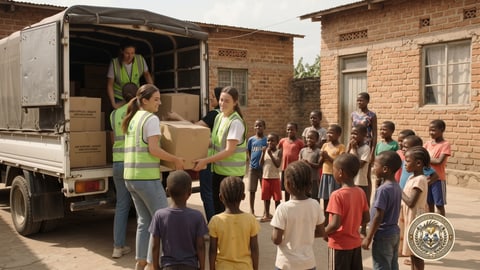 Volunteers unloading boxes from a truck as children gather