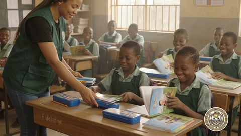 A volunteer handing out pencil cases and books to smiling pupils