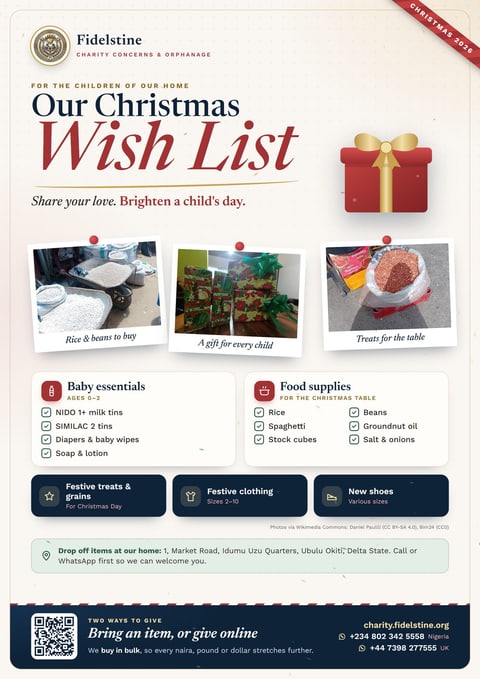 Flyer: Our Christmas Wish List of baby essentials, food supplies, treats, clothing and shoes, with a drop-off address
