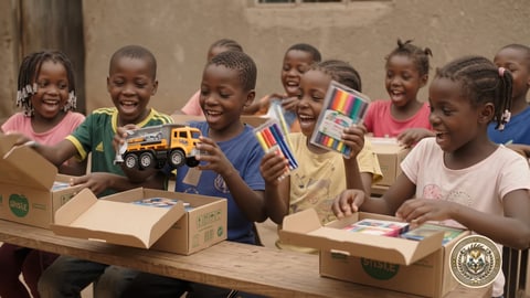 Children laughing as they open boxes of toys and coloured pens