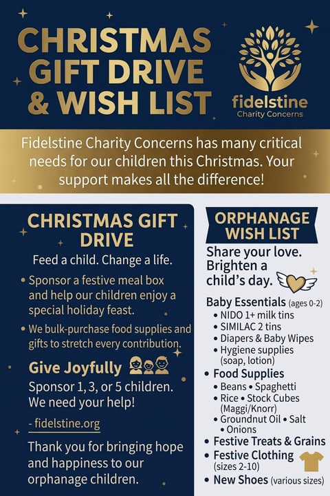 Flyer: Christmas Gift Drive and Wish List, with the orphanage's needs for baby essentials, food, clothing and shoes