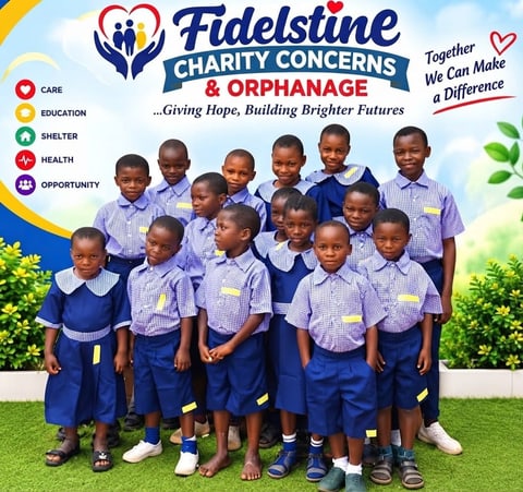 Fidelstine flyer: children in new gingham and navy school uniforms, with care, education, shelter, health and opportunity