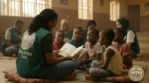 A volunteer reading to a circle of children on mats indoors