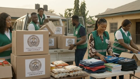 Volunteers in green vests packing boxes of food, books and clothing beside a truck