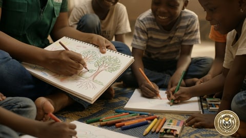Children and a volunteer sitting on a mat, drawing trees with coloured pencils