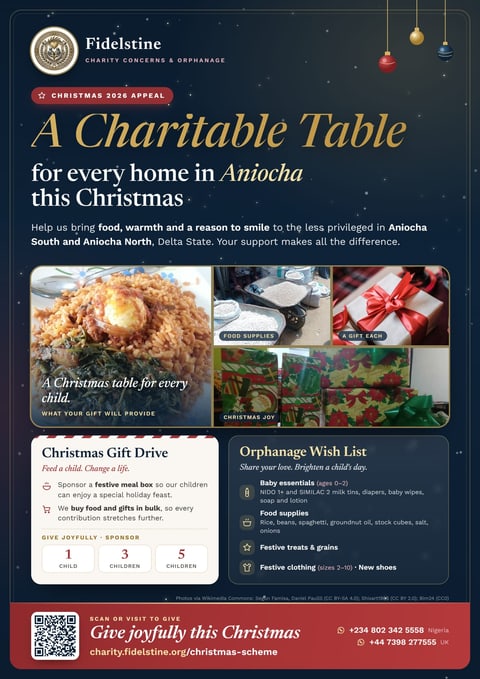 Flyer: A Charitable Table for every home in Aniocha this Christmas, with the Gift Drive, the wish list and a QR code to give