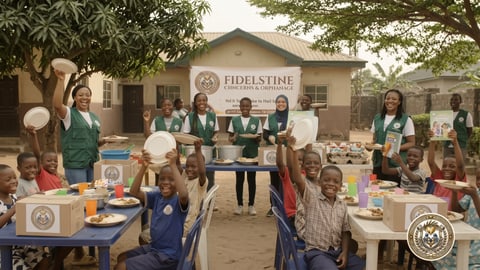 Volunteers and children celebrating outside the home beneath a Fidelstine banner