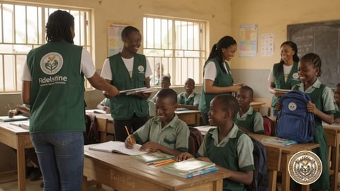 Volunteers visiting a classroom and giving pupils books and a school bag